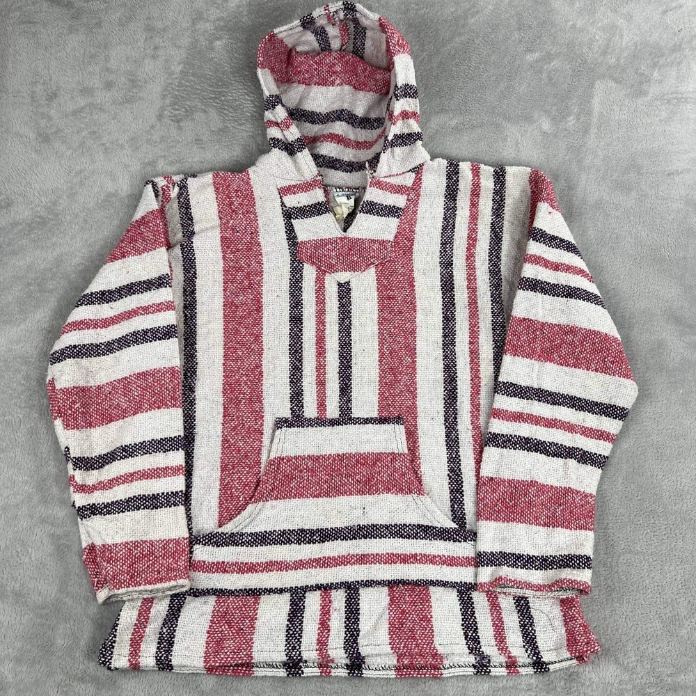 Freestyle Baja Hoodie XL Red White Striped Men Drug Rug Mexican Poncho Surfer